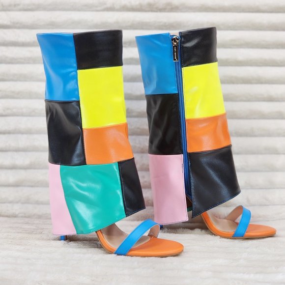 Paris Color Block Stiletto Fold Over Skirted Shootie Boot Sandals - Picture 10 of 15